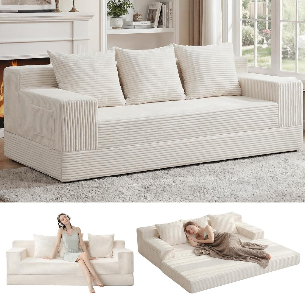 Erament Convertible Futon Sofa Bed Couch, 78'' Corduroy Folding Sofas Bed, Compression Boneless Floor Couch Sofa Beds with 3 Pillows for Living Room Bedroom Apartment