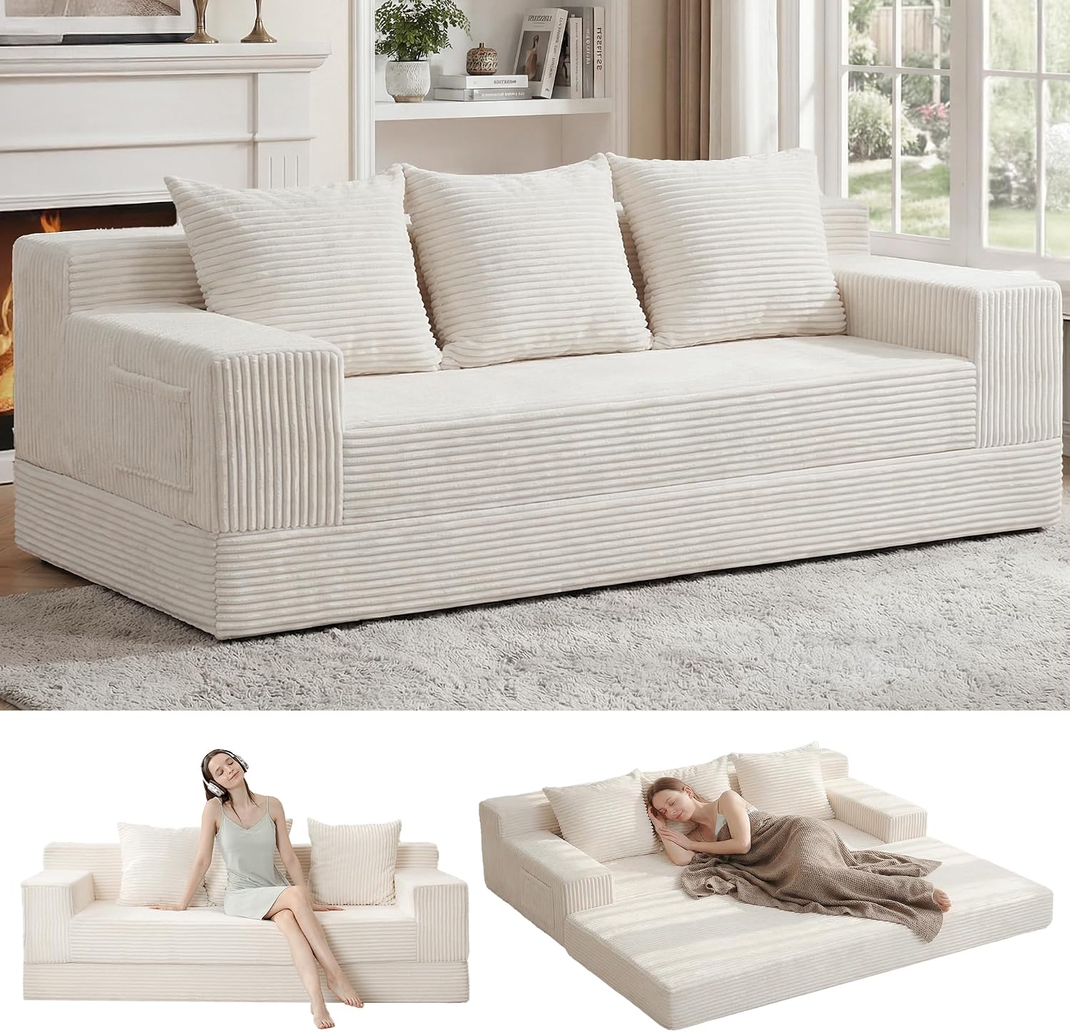Erament Convertible Futon Sofa Bed Couch, 78'' Corduroy Folding Sofas Bed, Compression Boneless Floor Couch Sofa Beds with 3 Pillows for Living Room Bedroom Apartment