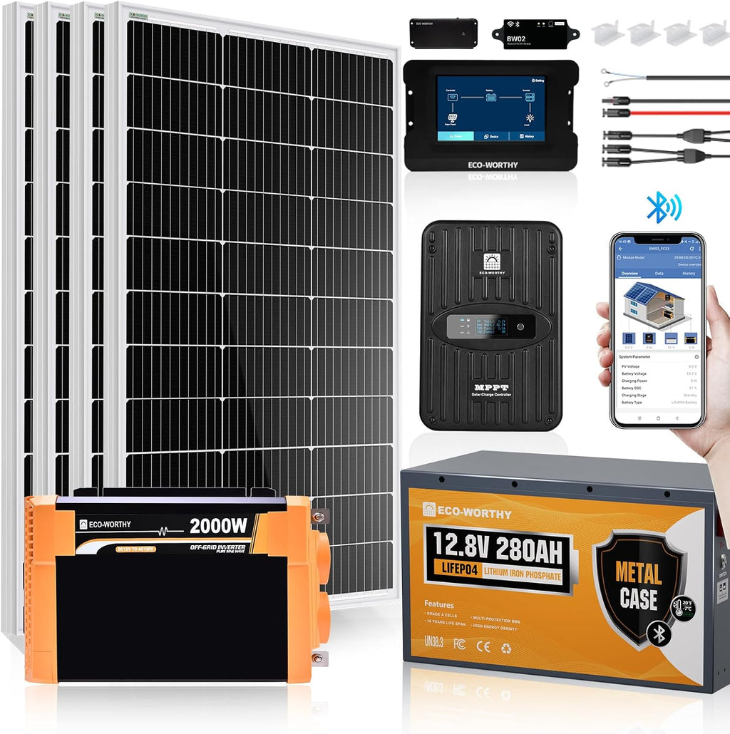 [Ultra] ECO-Worthy 12V 400W Complete Solar Panel Kit for RV Off Grid Travel Trailer : 4 * 100W Solar Panel + 40A MPPT Controller + 12V 280Ah Lithium Battery + 2000W Power Inverter+Monitor Module