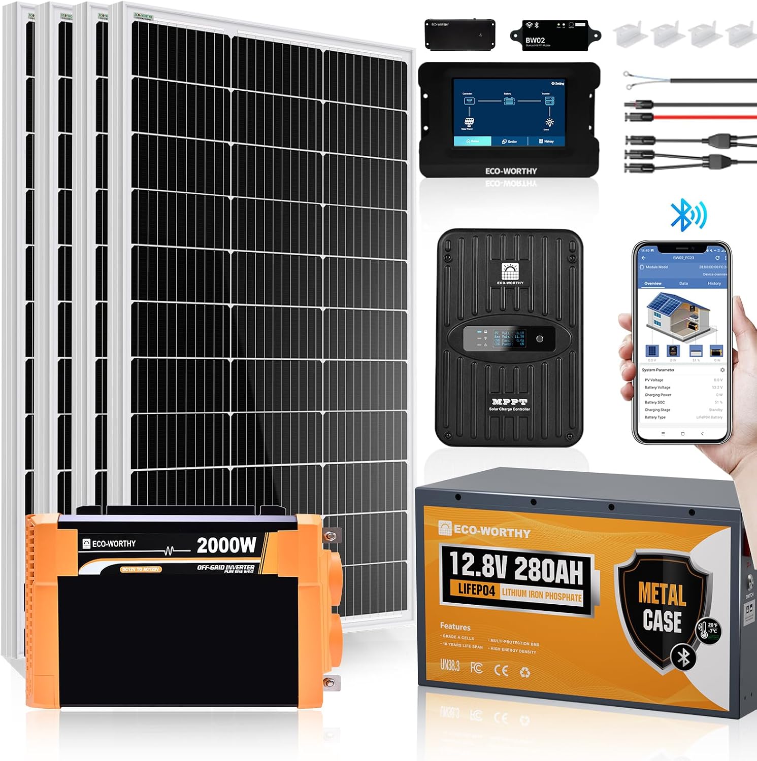 [Ultra] ECO-Worthy 12V 400W Complete Solar Panel Kit for RV Off Grid Travel Trailer : 4 * 100W Solar Panel + 40A MPPT Controller + 12V 280Ah Lithium Battery + 2000W Power Inverter+Monitor Module