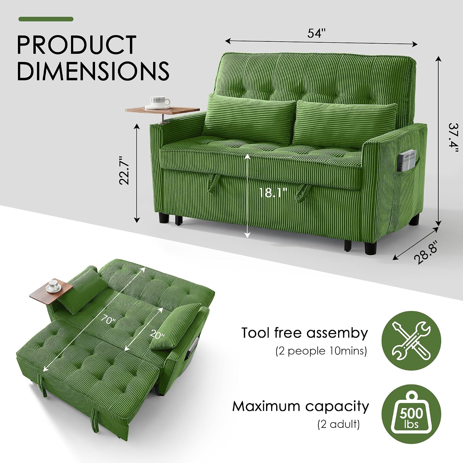 Sleeper Sofa Bed, 54'' Convertible Pull Out Couch with Small Table| USB Port | Stand Table| Corduroy Fabric | Adjustable Backrest for Apartment, Office, Bedroom, Guest Room(Green)