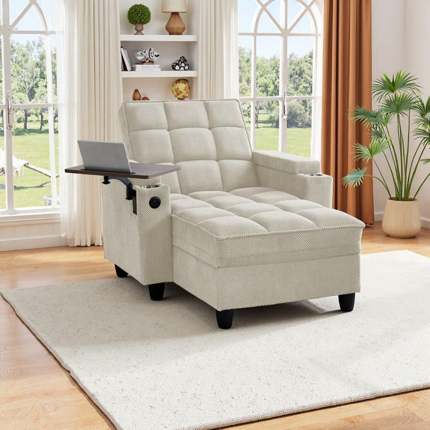 oaaktu Single Modern Comfy Upholstered Chaise Lounge Sofa Chair with Rotating Side Table,Storage,Pillow,USB Charging Ports and Adjustable Backrest Perfect for Living Room, Small Spaces (Beige)
