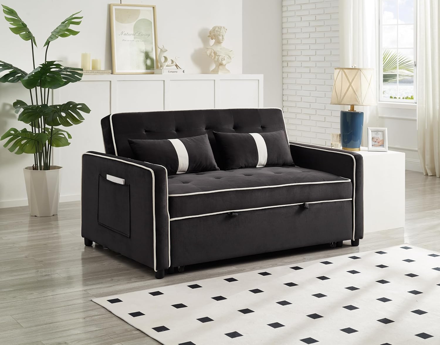 3 in 1 Convertible Sleeper Sofa Bed, Small Couch for Living Room Bedroom with Pullout Bed Adjustable Backrest,Velvet,Loveseat Sofa Bed,Futon Couches (Black)