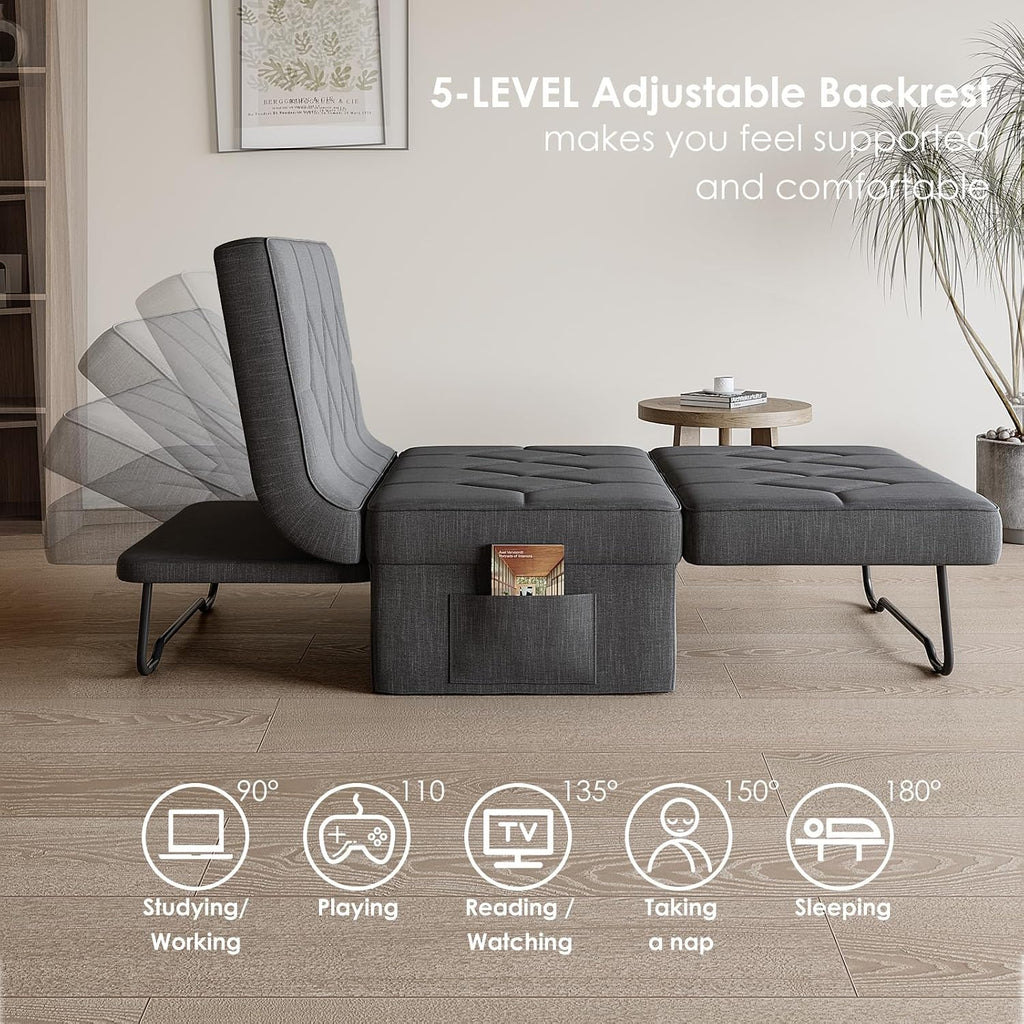 Ottoman Bed with 5-Level Adjustable Backrest, 70' D x 34' W 4-in-1 Convertible Sleeper Chair Bed, Folding Sofa Bed for Living Room, Apartment, Dorm & Small Space, Dark Grey