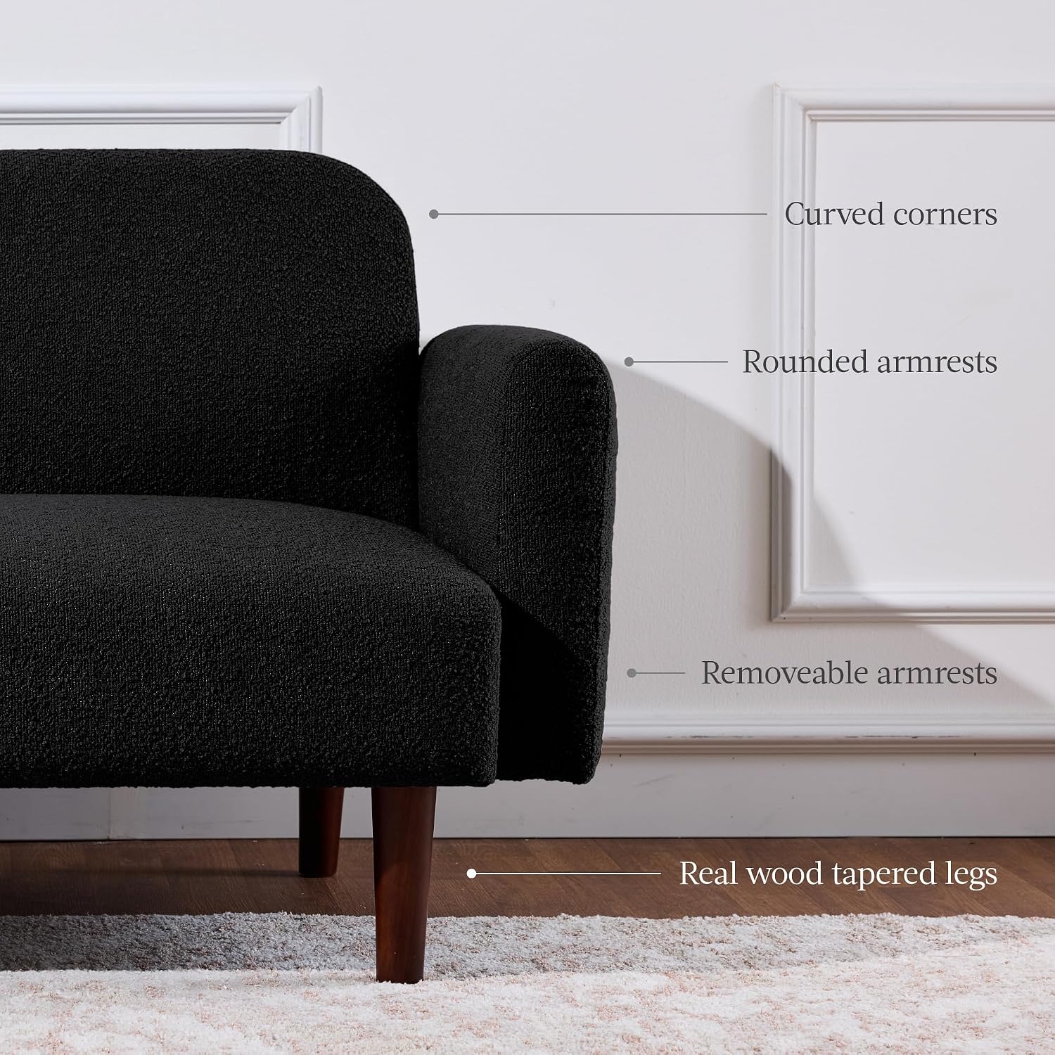 Best Choice Products 77' Mid Century Modern Boucle Loveseat Sofa, Couch, Convertible Sofa Sleeper Bed w/Real Wood, Removable Armrest - Midnight Black
