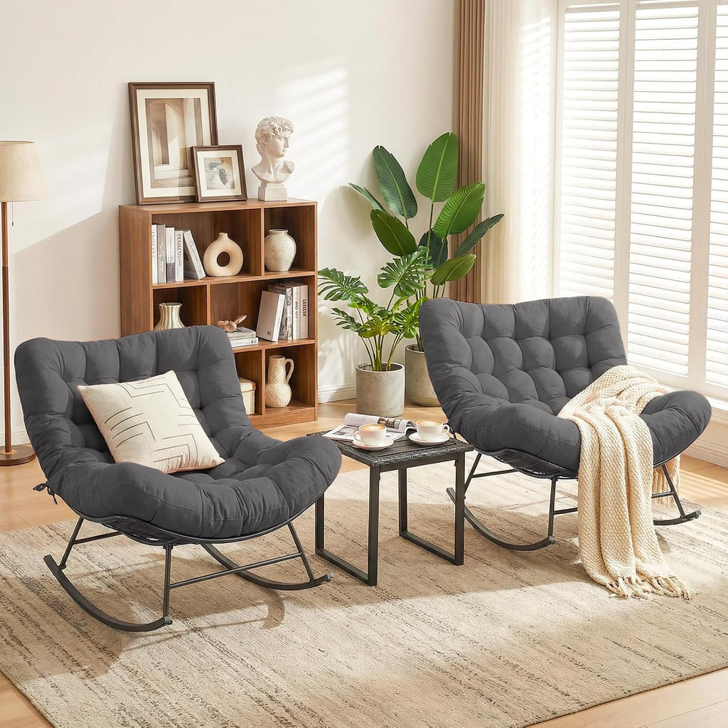 Oversized Outdoor Rocking Chairs Set of 2 with Wicker Side Table, Thick Cushioned Rocking Papasan Chair with End Table, 3PCS Oversized Egg Chair Set for Patio, Porch, Balcony, Grey