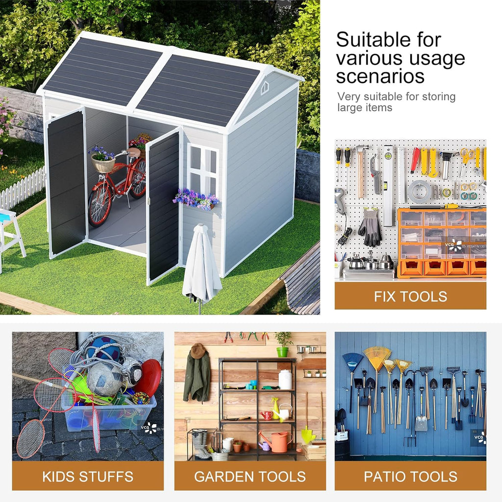Outdoor Resin Storage Shed 8x6x7 FT with Floor 2 Windows, Reinforced Frame Large Waterproof Plastic Garden Sheds Kit with Base for Backyard Patio Lawn Tools Storage, Gray