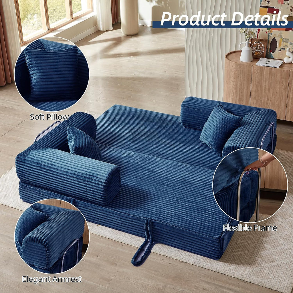 Convertible Folding Sofa Bed,Fold Out Floor Sofa Couch with Fixed-Shape Frame,Corduroy Foldable Mattress Cloud Couch for Living Room Bedroom (Blue, 81 Inch)