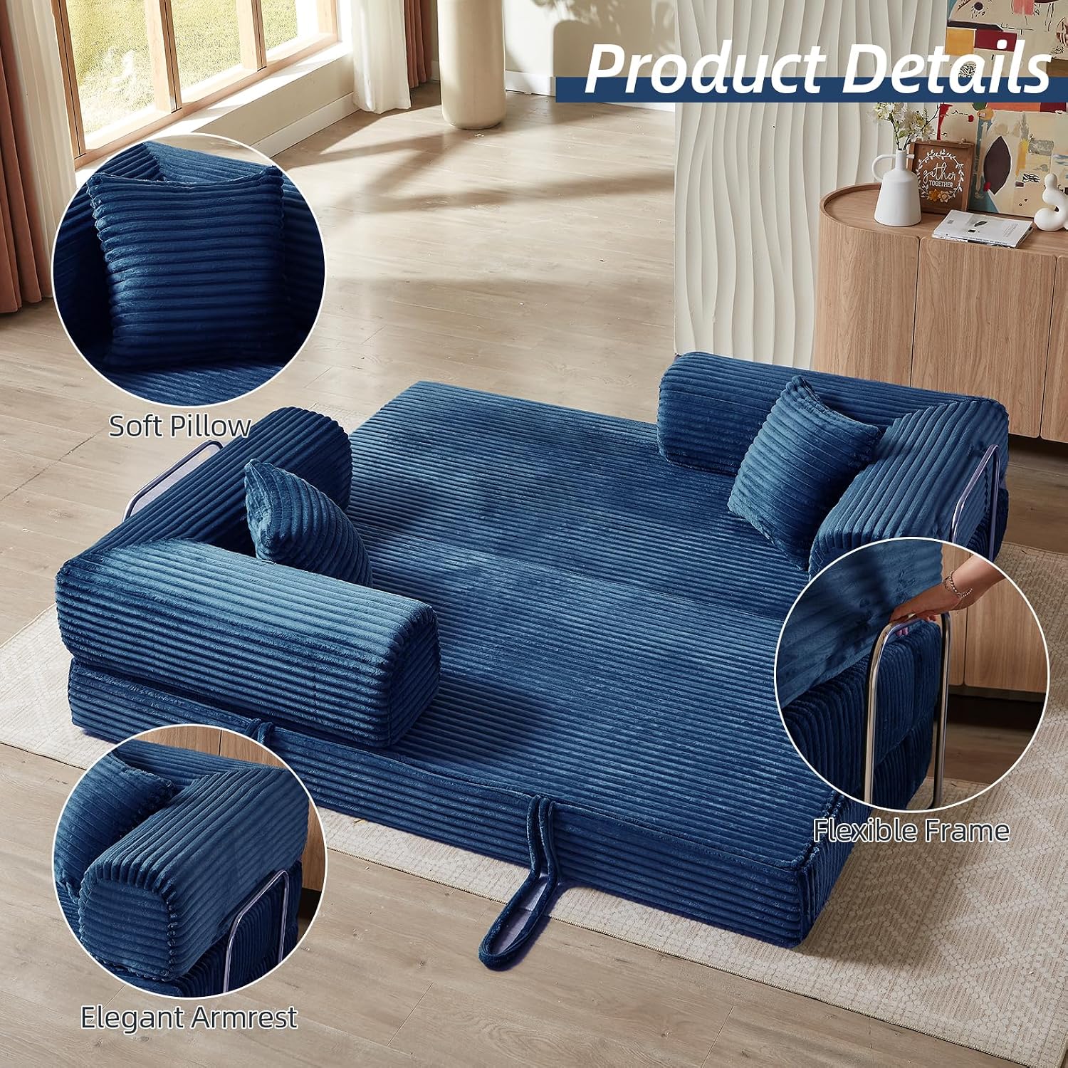 Convertible Folding Sofa Bed,Fold Out Floor Sofa Couch with Fixed-Shape Frame,Corduroy Foldable Mattress Cloud Couch for Living Room Bedroom (Blue, 81 Inch)
