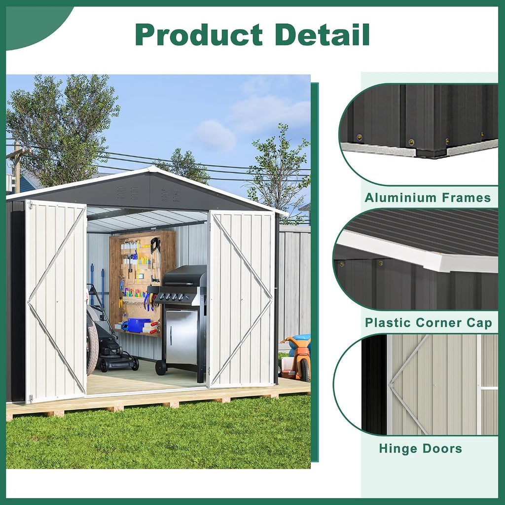YOPTO 10x12 FT Outdoor Storage Shed,Utility Metal Tool Storage with Lockable Doors and Waterproof Roof, Large Garden Shed for Backyard, Patio Lawn, Black