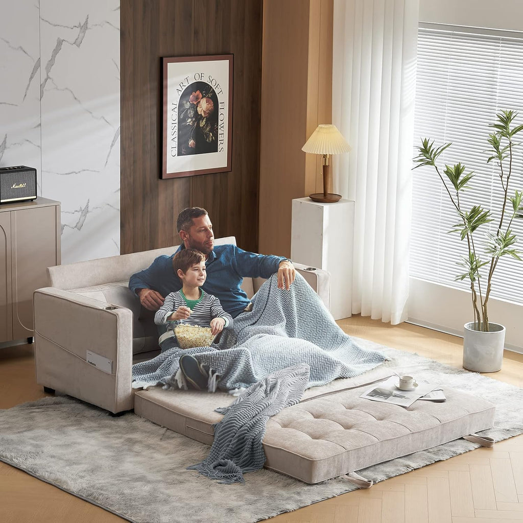 VINGLI Upgraded 64' W 84' L Full Size Futon Sofa Bed, 6' Thick Upholstery Chenille Loveseat Sofa Sleeper Pull Out Couch,Convertible Floor Couch for Living Room, Bedroom, Entertainment Room, Beige