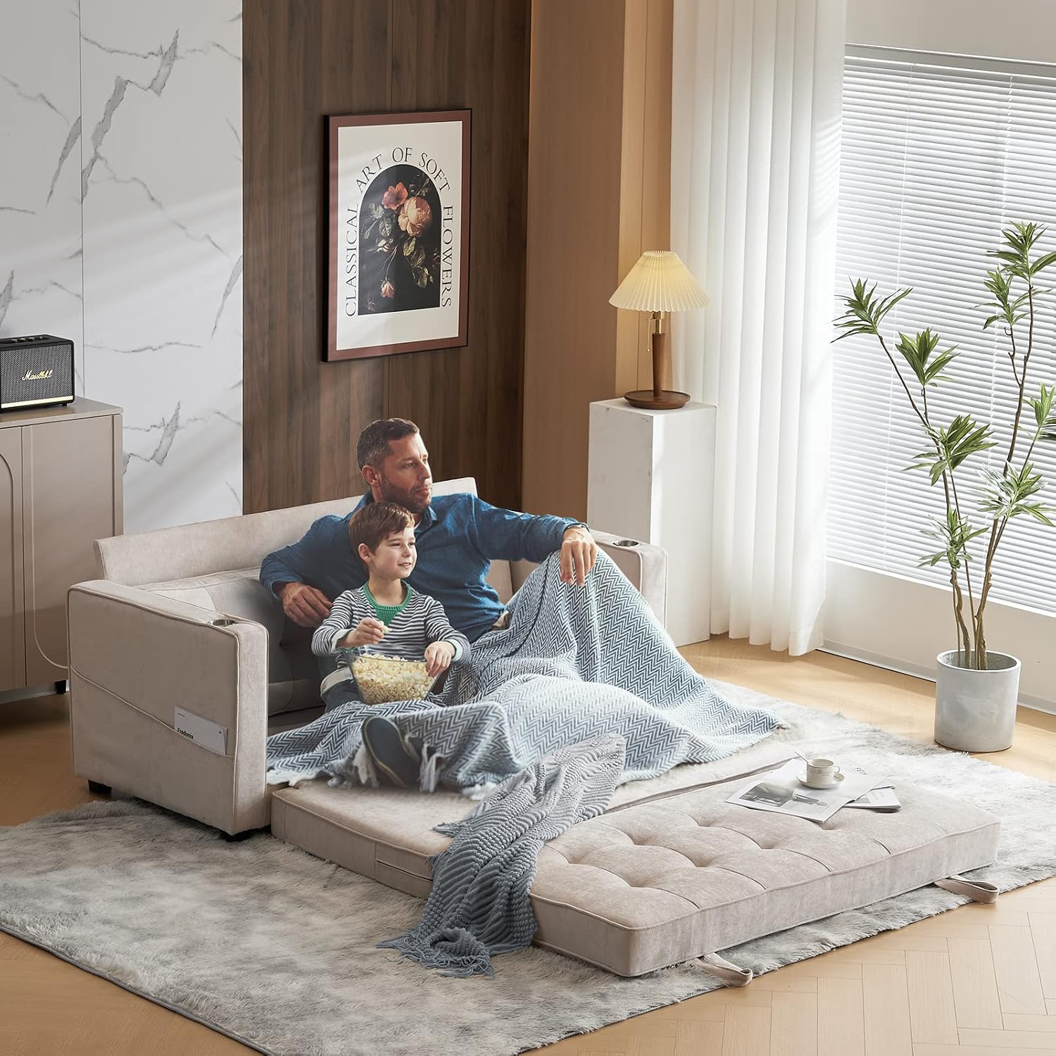 VINGLI Upgraded 64' W 84' L Full Size Futon Sofa Bed, 6' Thick Upholstery Chenille Loveseat Sofa Sleeper Pull Out Couch,Convertible Floor Couch for Living Room, Bedroom, Entertainment Room, Beige