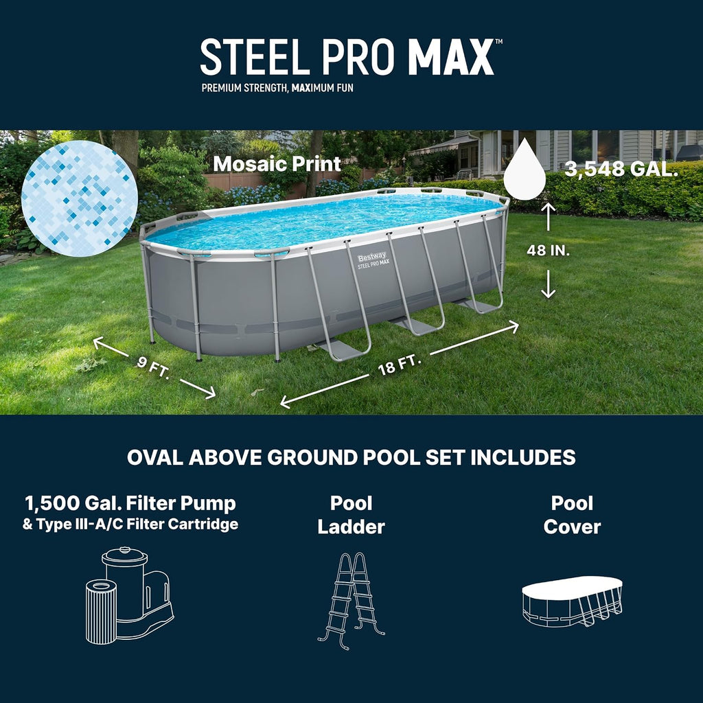 Bestway Steel Pro MAX 18' x 9' x 48' Above Ground Pool, Oval Metal Frame Outdoor Swimming Pool Set with Filter Pump, Ladder, and Cover, Gray