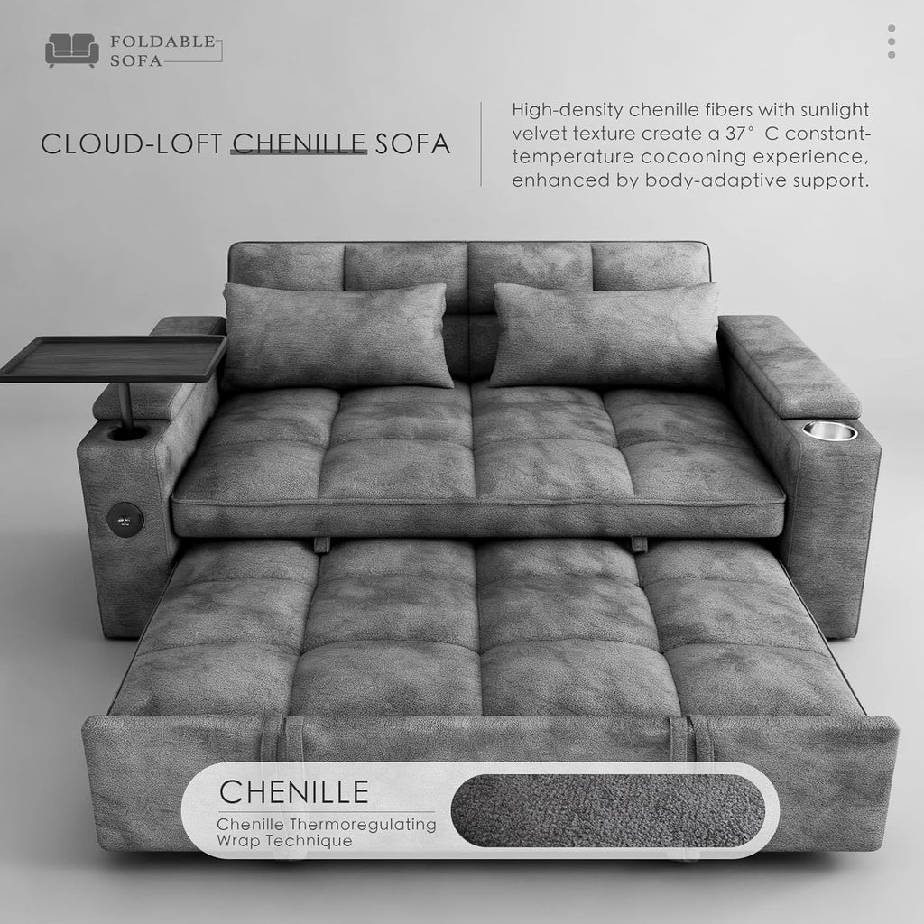 Dreamzie 65'' Convertible Sleeper Sofa Bed with 90° Swivel Side Table, Chenille Pull Out Couch for Living Room, Loveseat Sleeper with Hidden Storage Space | Charging Port | Cup Holders, Grey