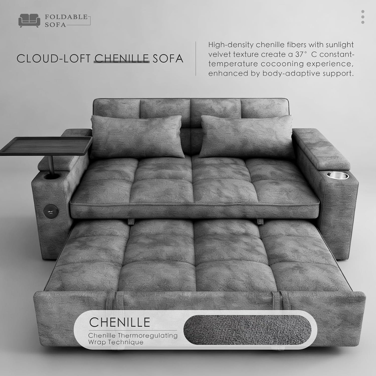 Dreamzie 65'' Convertible Sleeper Sofa Bed with 90° Swivel Side Table, Chenille Pull Out Couch for Living Room, Loveseat Sleeper with Hidden Storage Space | Charging Port | Cup Holders, Grey