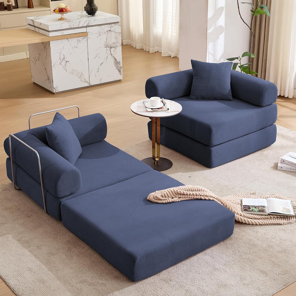 73' Convertible Modular Folding Sofa Bed, 5-in-1 DIY Combination Fold Out Sleeper Sofa Bed, Loveseat sleeper Couch with Removable Armrests, Corduroy Floor Couch, Small couches for small spaces, Blue
