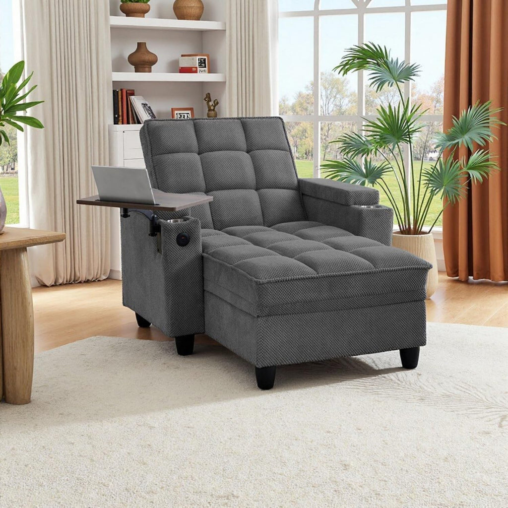 oaaktu Single Modern Comfy Upholstered Chaise Lounge Sofa Chair with Rotating Side Table,Storage,Pillow,USB Charging Ports and Adjustable Backrest Perfect for Living Room, Small Spaces (Dark Gray)