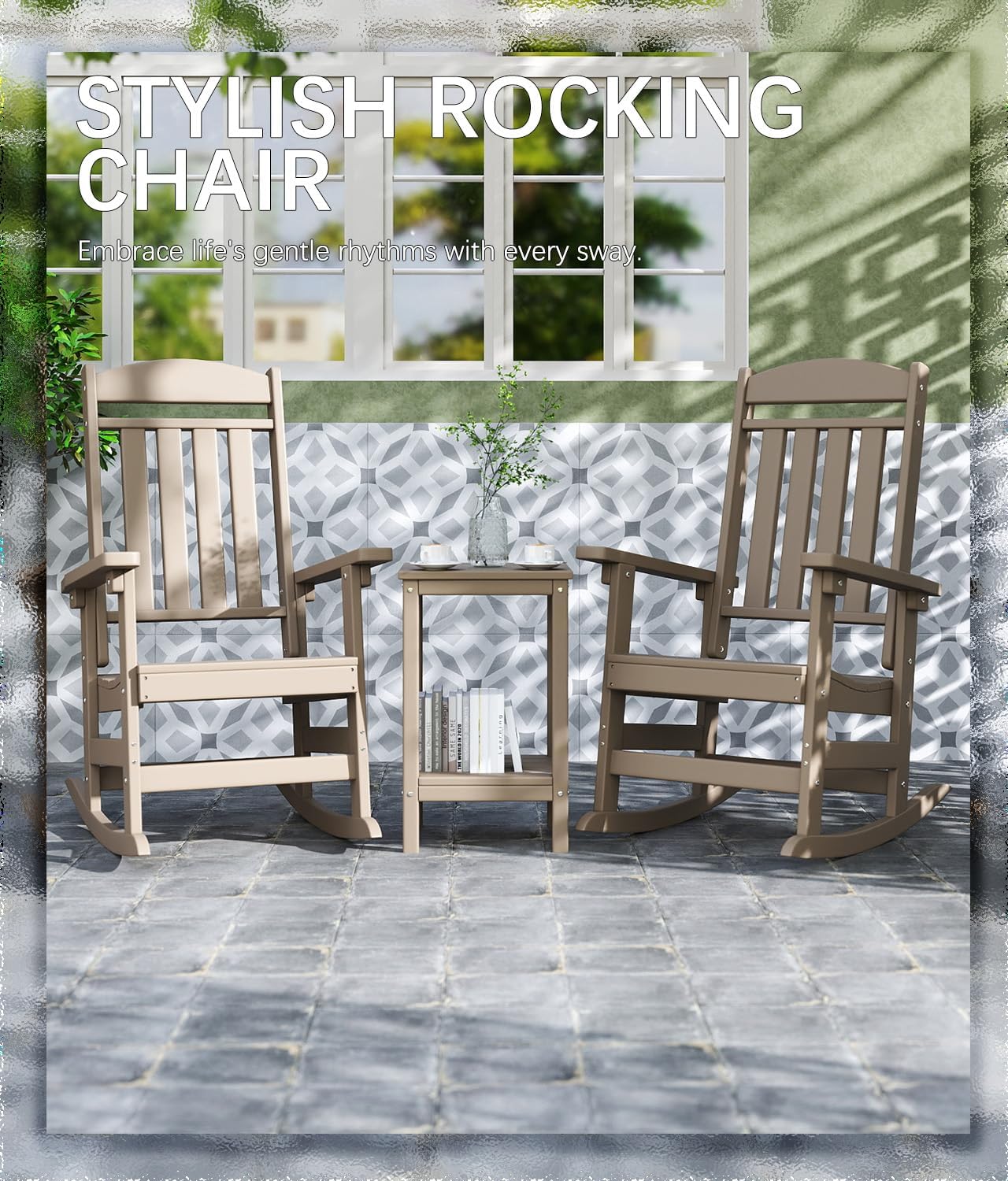FOOWIN Outdoor Rocking Chair Set of 6, High Back Patio Rocking Chair, HDPE All Weather Resistant Porch Rocker for Adult, Oversized Rocking Chairs for Garden, Lawn, Indoor & Outdoor Use, Brown