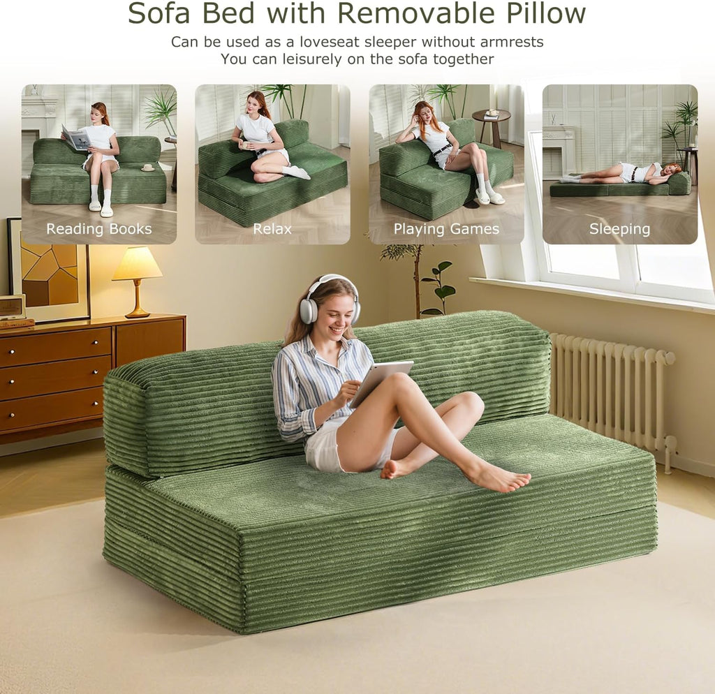 Folding Futon Sofa Bed Full Size, 6 inch Convertible Floor Couch Bed with Removable Corduroy Cover, Pull Out Couch for Small Spaces High-Density Foam,Green