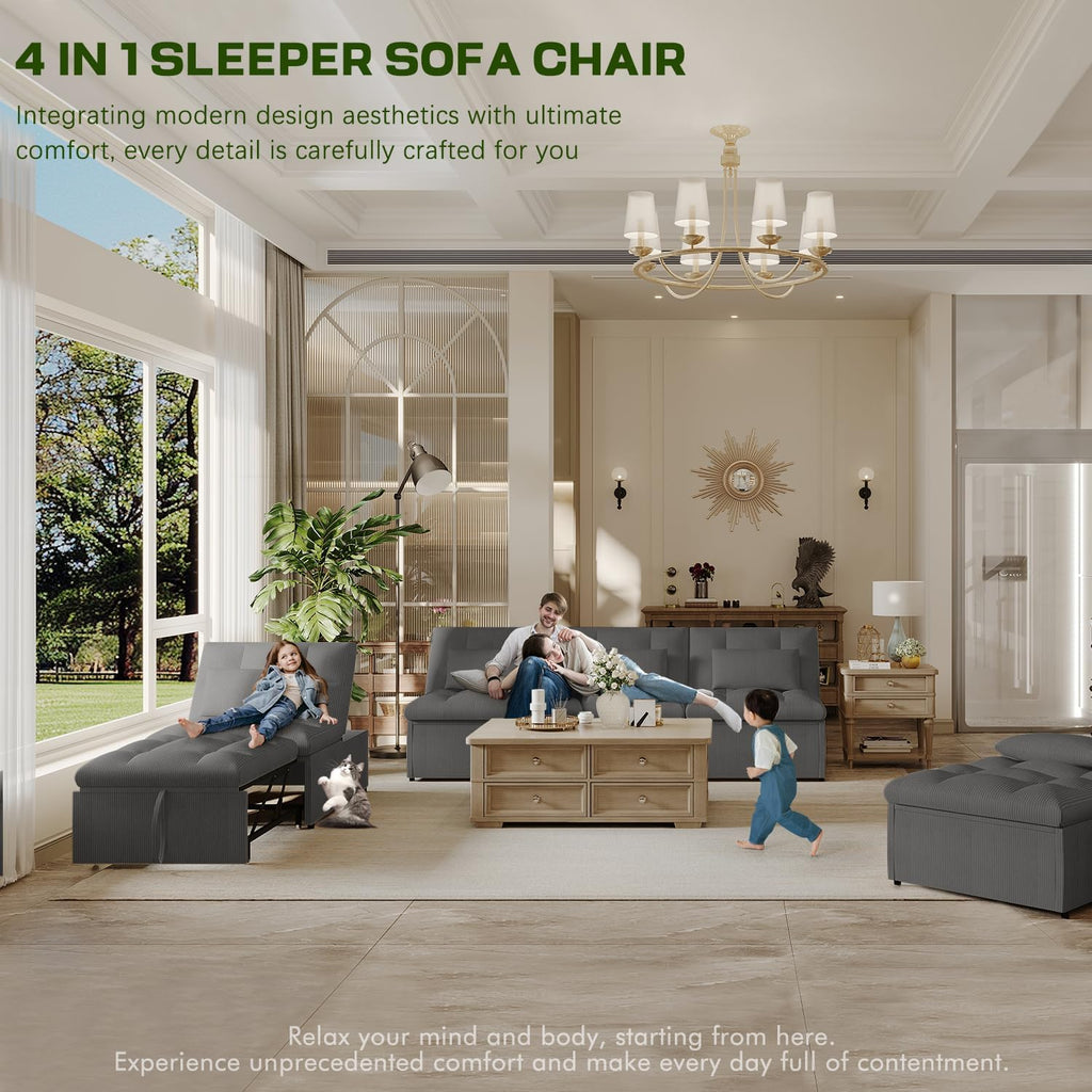 4-in-1 Convertible Sleeper Chair Bed with Adjustable Backrest Pillows Futon Sofa Bed with Side Pocket Sleeper Sofa Chair Pull Out Couches for Living Room Small Space, Charcoal