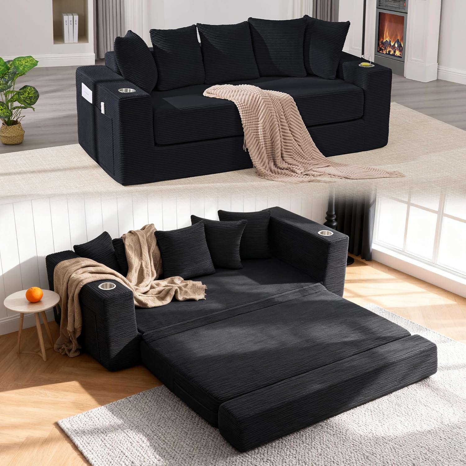 76' Convertible Sofa Bed, 2-in-1 Boneless Sleeper Sofa with Cup Holder & Pocket, Corduroy Pull Out Couch with 5 Pillows, Couch Bed for Living Room, Small Spaces, Bedroom, No Assembly