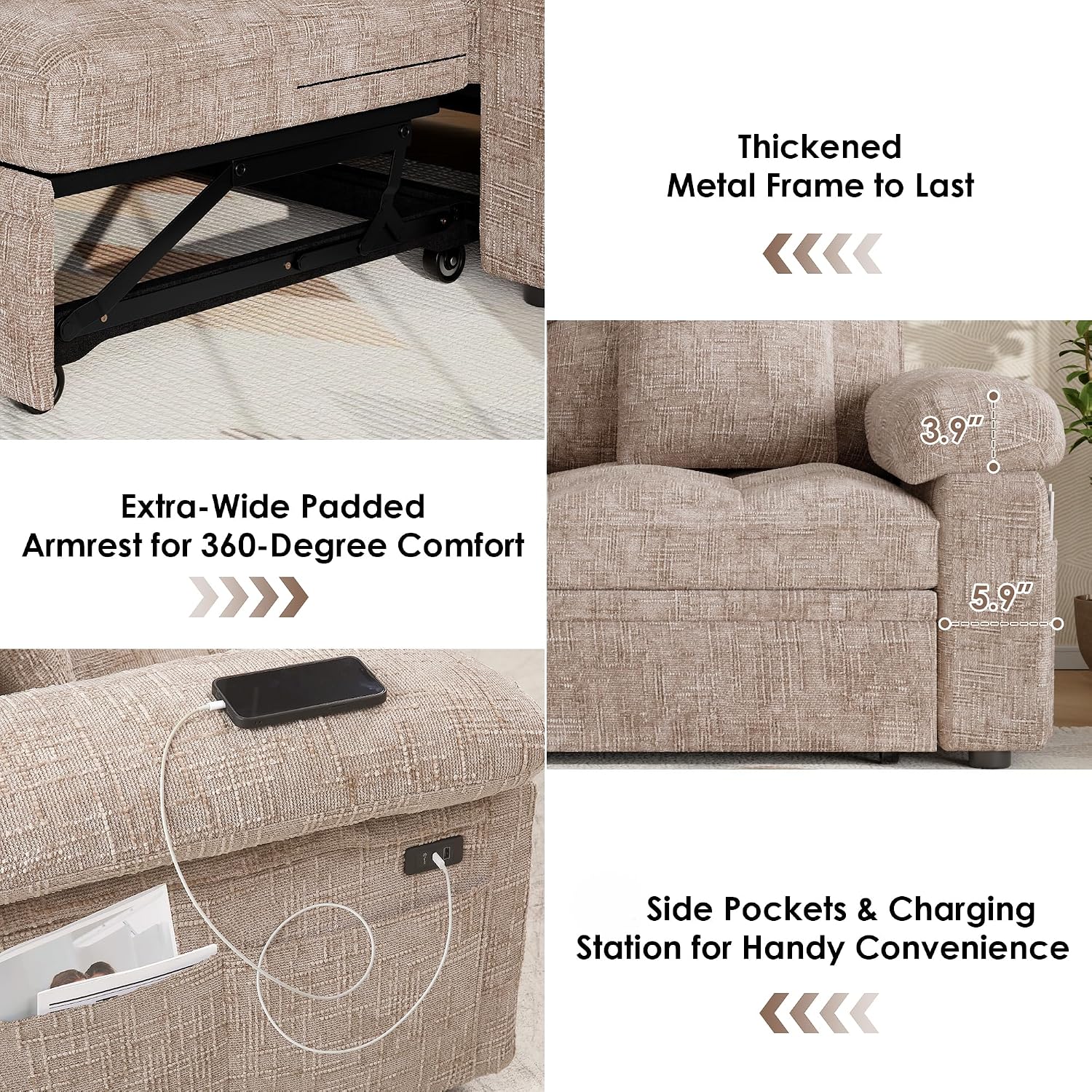 Keyluv 59' Loveseat Sleeper Sofa with USB Ports & Side Pockets, 3 in 1 Convertible Sofa Bed for Living Room/RVs/Camper, Pull Out Couch with Adjustable Backrest, Chenille Khaki