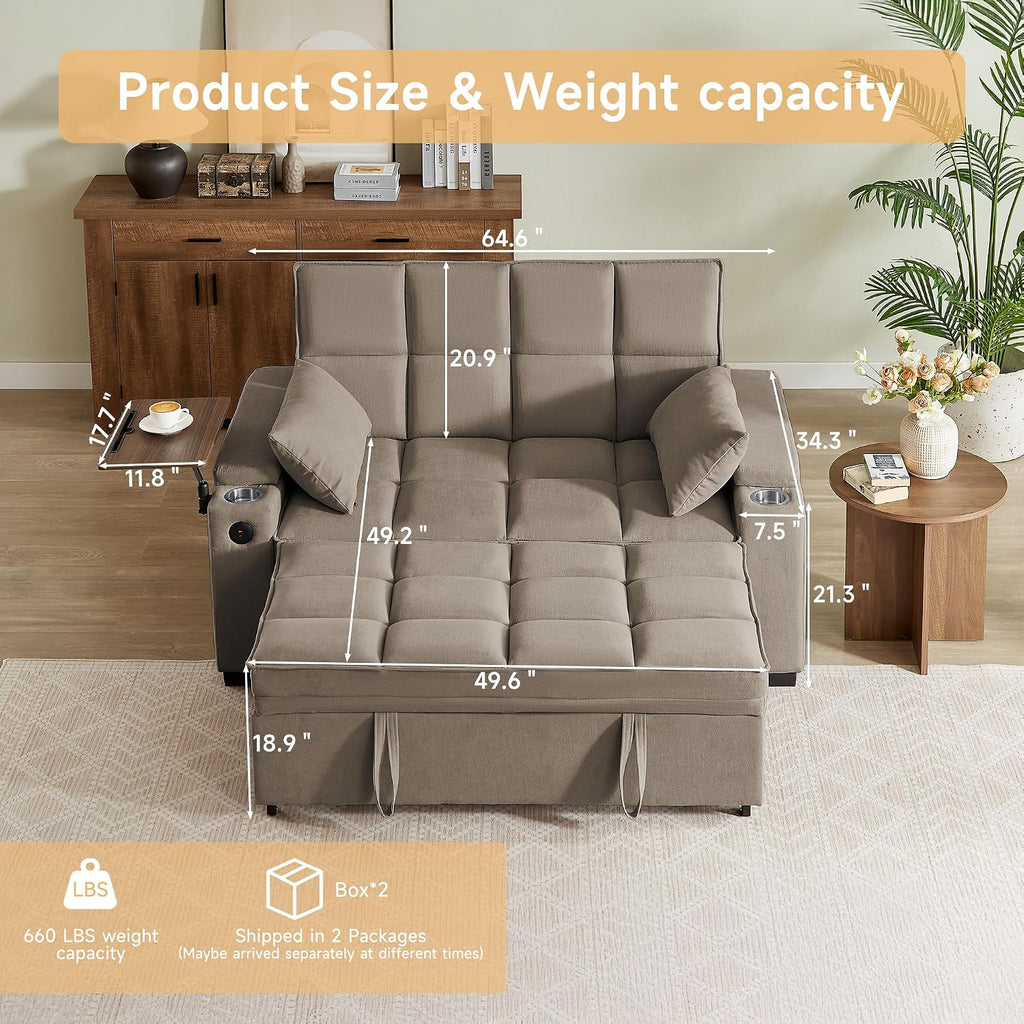 Auvsoce 65' Sleeper Sofa Bed Loveseat, Convertible Couch for Living Room, RV Sofa with Adjustable Backrest, Chaise Lounge, Side Table, USB & Type-C Ports