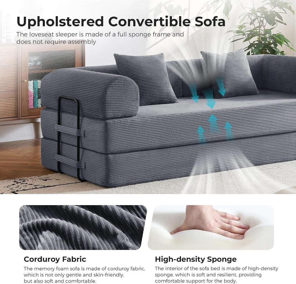 79' 5-in-1 Convertible Sleeper Sofa, No Assembly Fixed Frame Corduroy Couch, High-Density Foam Fold Out Bed for Small Spaces, Living Room, Dorm (Dark Gray)