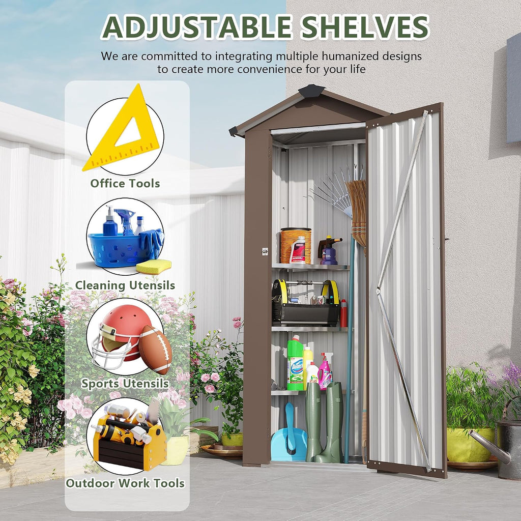2.5x1.4 FT Outdoor Storage Shed, Small Metal Tool Shed with Waterproof Roof and Lockable Door, Garden Tool Sheds Storage Cabinet for Backyard Patio Lawn, Brown