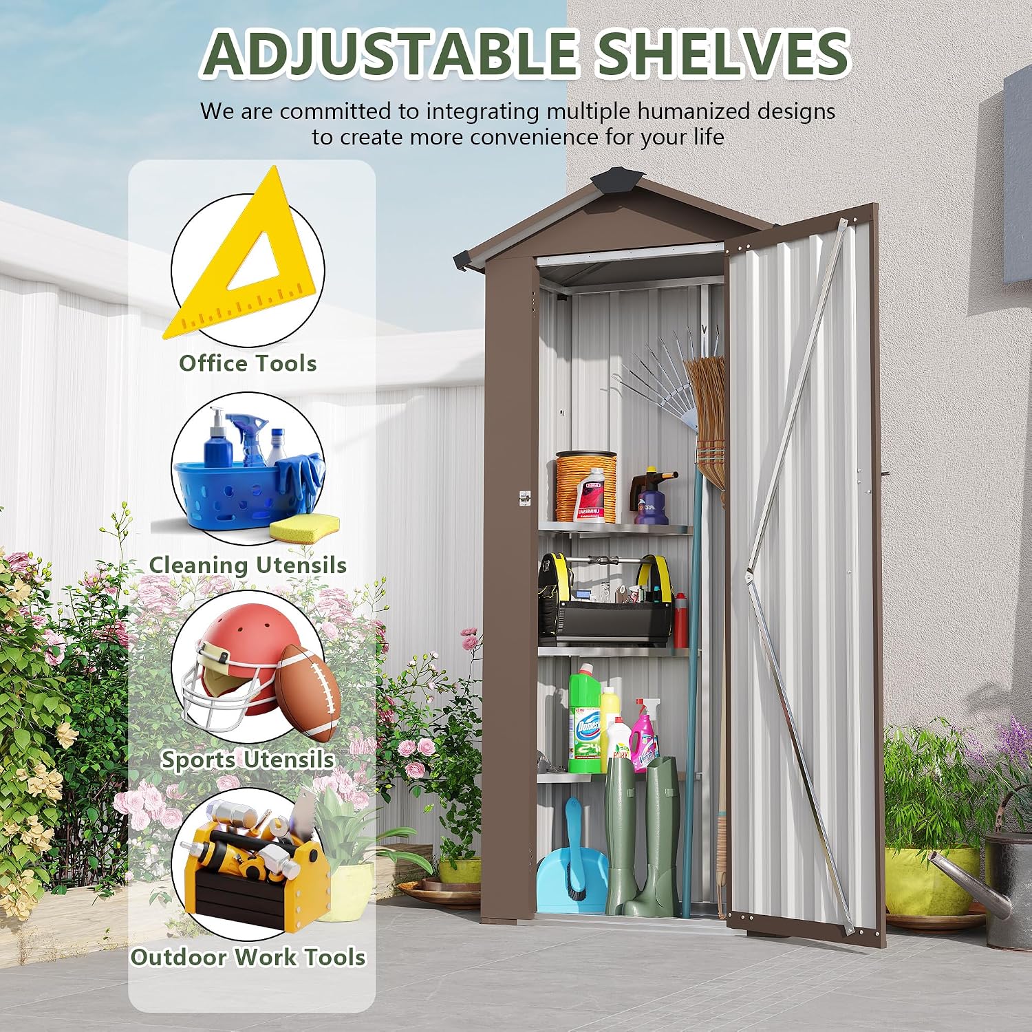 2.5x1.4 FT Outdoor Storage Shed, Small Metal Tool Shed with Waterproof Roof and Lockable Door, Garden Tool Sheds Storage Cabinet for Backyard Patio Lawn, Brown
