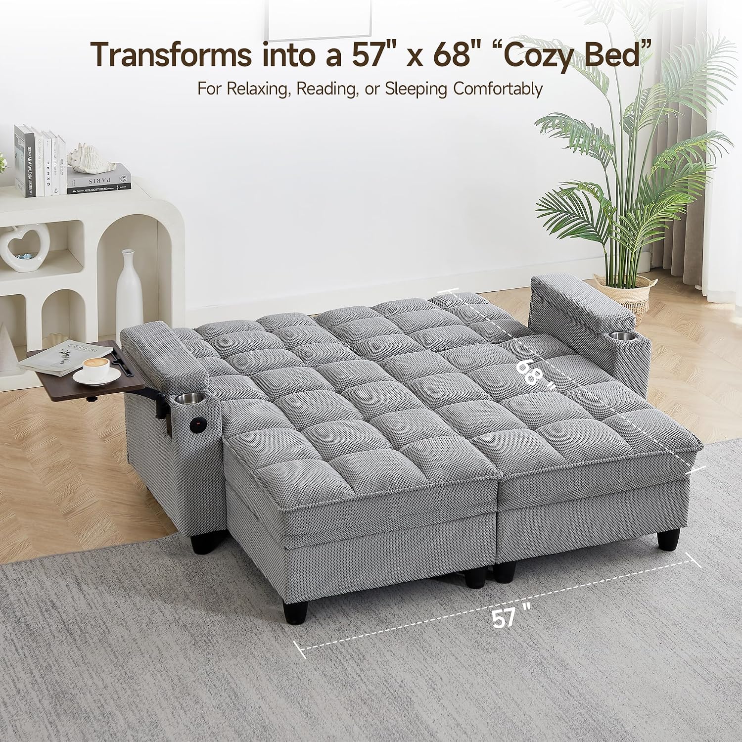 70.9'' Double Chaise Lounge with 360 degree rotatable side table, Comfy Corduroy Indoor Lounge Chair with Armrest Storage, Cup Holder, USB Port, and Pillow for Living Room or Bedroom (light gray)