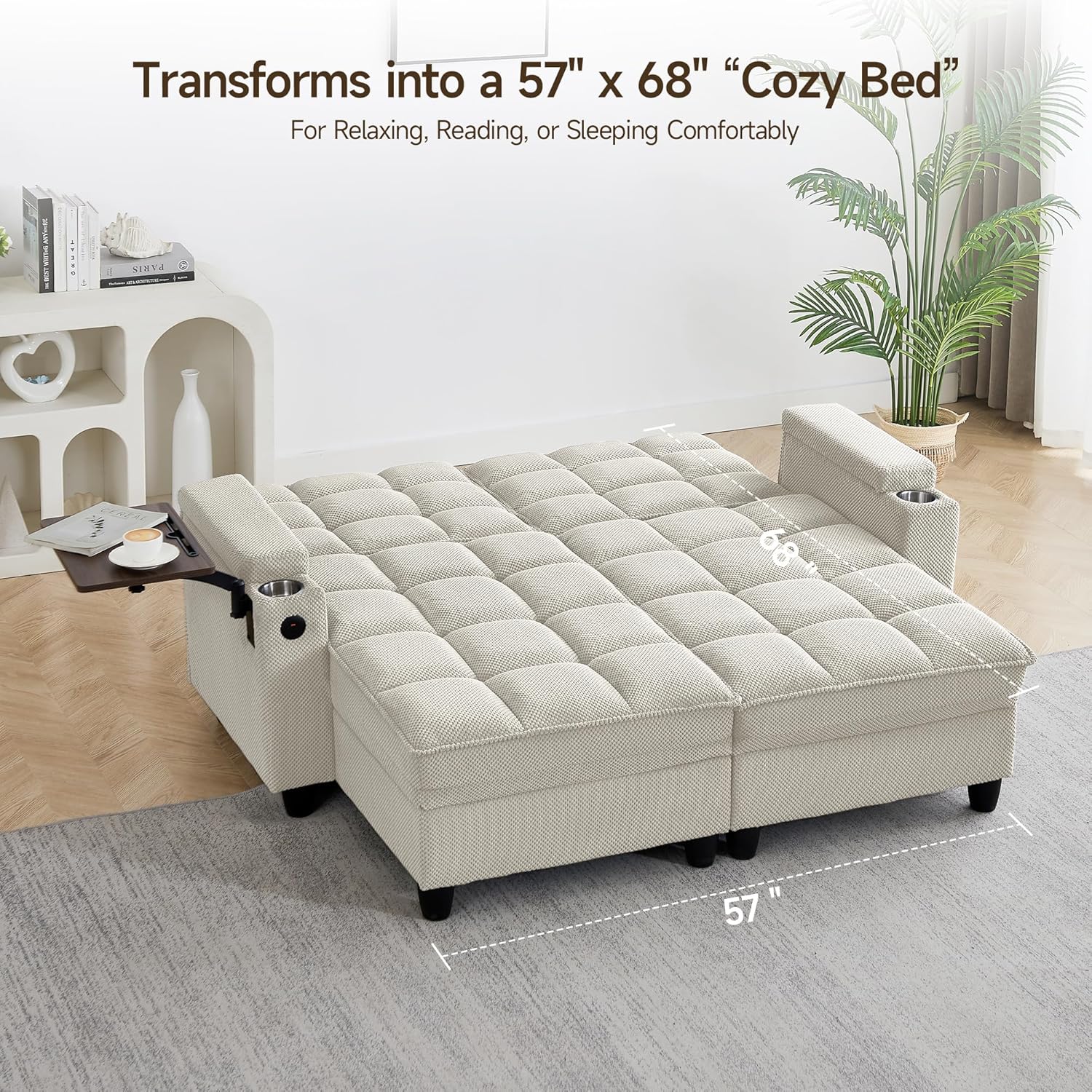 oaaktu 70.9'' Double Chaise Lounge with 360 Degree rotatable Side Table, Comfy Corduroy Indoor Lounge Chair with Armrest Storage, Cup Holder, USB Port, and Pillow for Living Room or Bedroom (Beige)