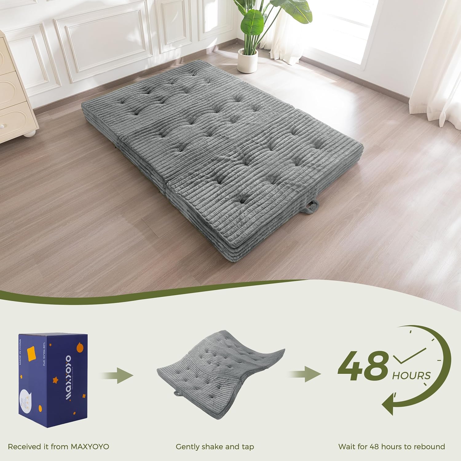 MAXYOYO Folding Sofa Couch Bed, 6 Inch Tri-Fold Floor Sofa Bed, Folding Mattress with Handles, Soft Faux Fur Folding Bed with Supportive Foam Filling, Portable Couch for Living Room, Queen, Grey