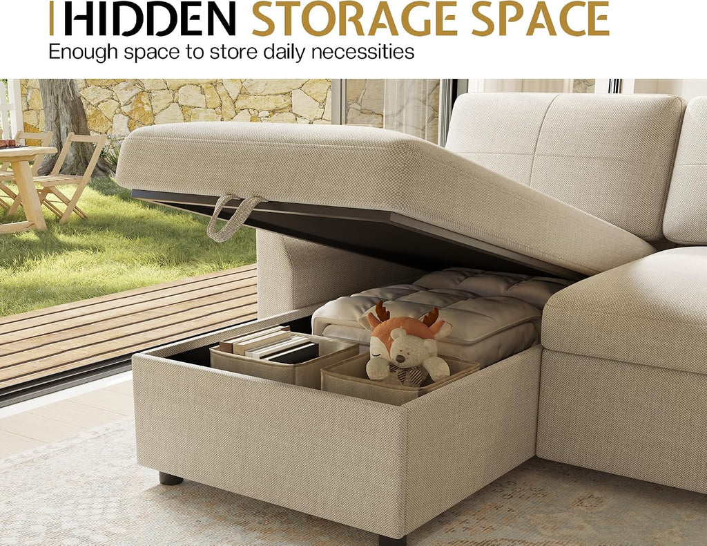 PaPaJet Sofa Bed, Sleeper Sofa with Storage Chaise, L Shaped Sofa with Pull Out Bed, Oversized Sofas for Living Room, Beige