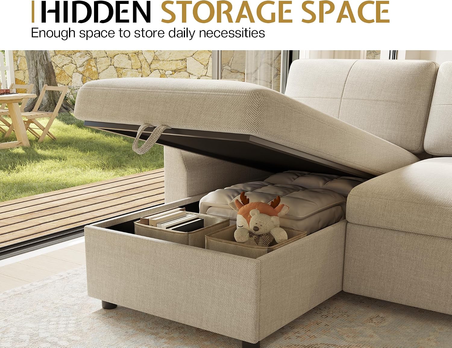 PaPaJet Sofa Bed, Sleeper Sofa with Storage Chaise, L Shaped Sofa with Pull Out Bed, Oversized Sofas for Living Room, Beige