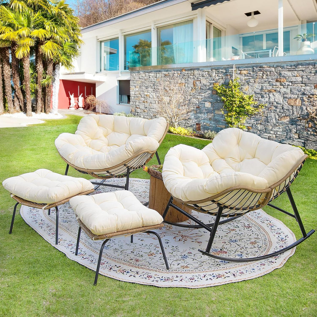 BULEXYARD Oversized Papasan Rocking Chair Set of 4, Double Wide Egg Rocking Chair with Ottomans and Cushion, 450 Lbs, Wicker Rattan Royal Loveseat Recliner for Indoor Outdoor Backyard, Garden Beige