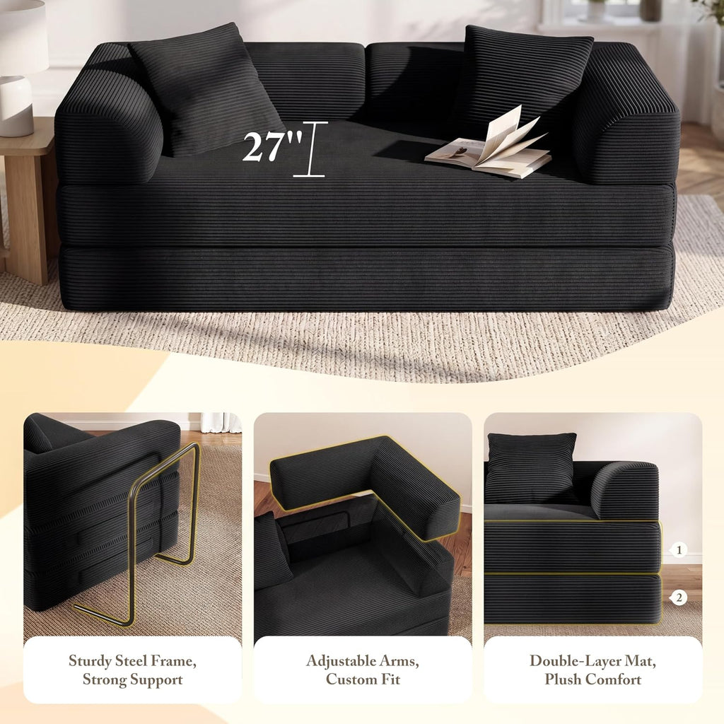 Cloud Boneless Convertible Sofa Bed, 5-in-1 Foldable Compressed High-Density Sponge Sofa, 70' Corduroy Fabric 2 Seater Sleeper Couch Futon Daybed for Living Room Bedroom (Black)