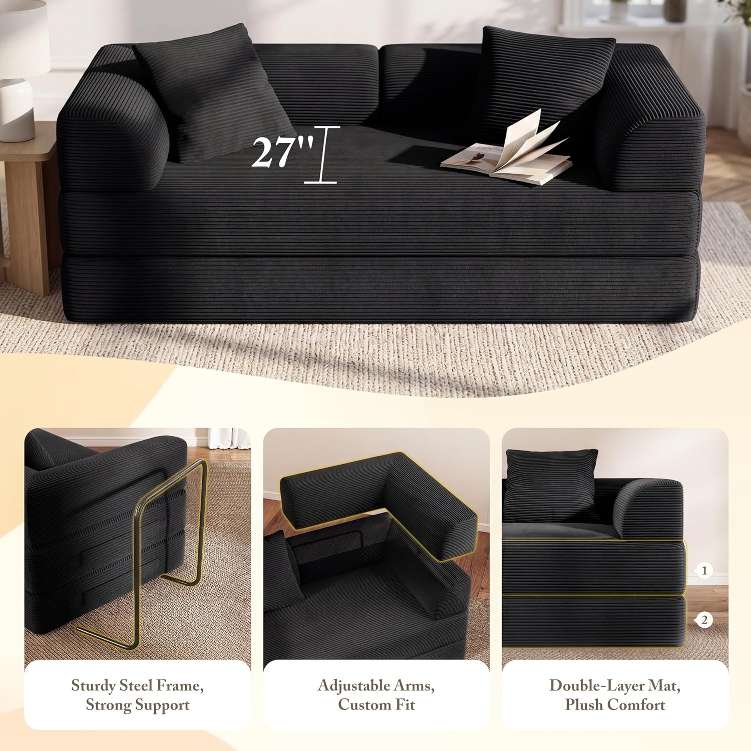 Cloud Boneless Convertible Sofa Bed, 5-in-1 Foldable Compressed High-Density Sponge Sofa, 70' Corduroy Fabric 2 Seater Sleeper Couch Futon Daybed for Living Room Bedroom (Black)