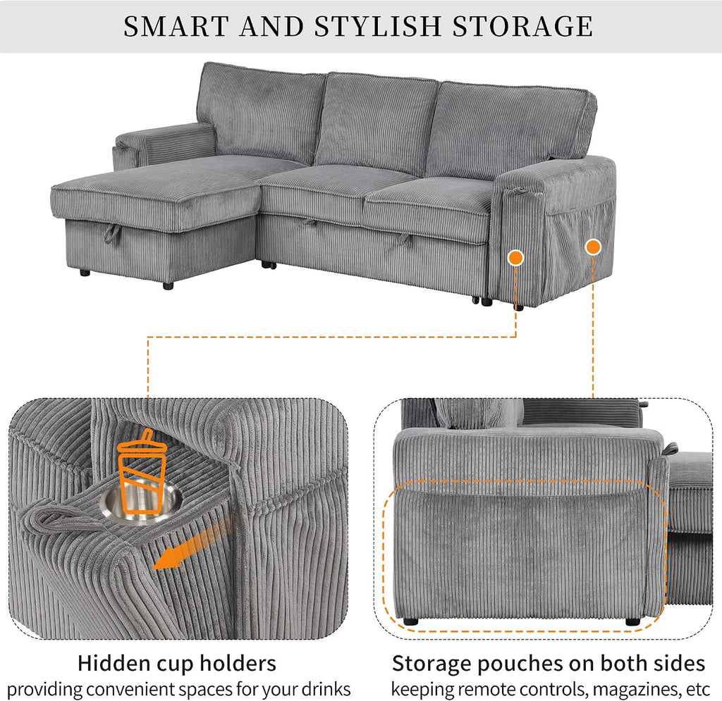 LUMISOL 96' Convertible Sectional Sofa with Pull Out Bed, Corduroy L-Shaped Sofa Bed with Storage Chaise, Sectional Sleeper Sofa with Cup Holders & Pockets for Living Room, Gray