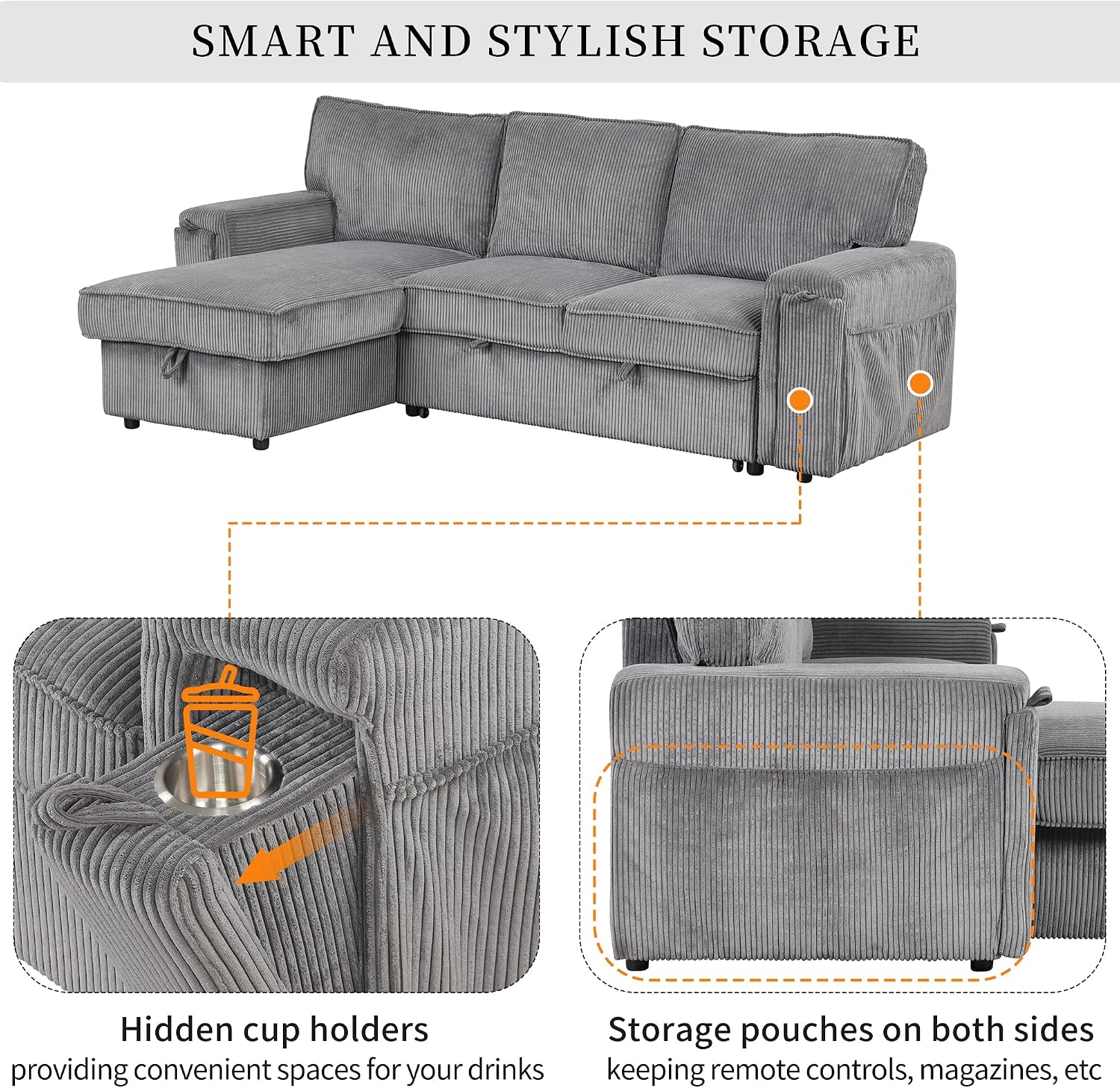 LUMISOL 96' Convertible Sectional Sofa with Pull Out Bed, Corduroy L-Shaped Sofa Bed with Storage Chaise, Sectional Sleeper Sofa with Cup Holders & Pockets for Living Room, Gray