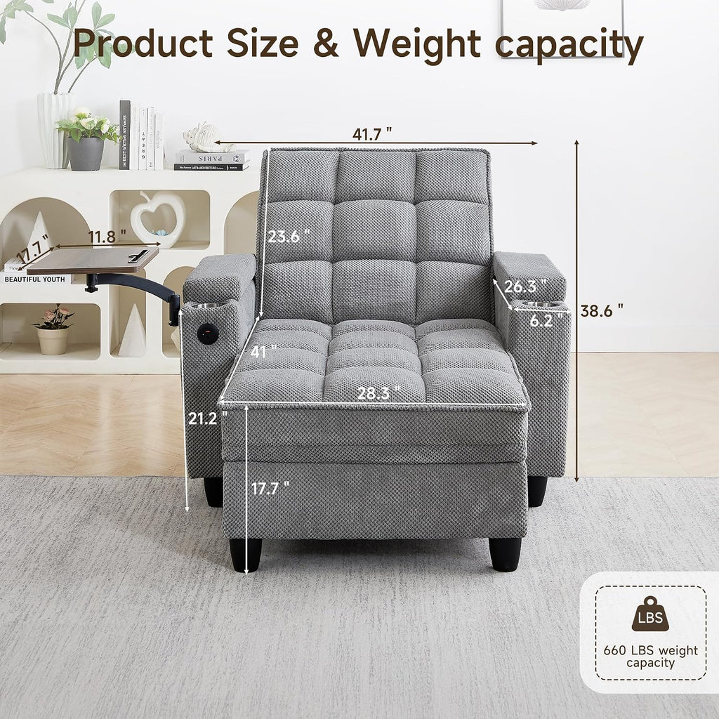 oaaktu Single Modern Comfy Upholstered Chaise Lounge Sofa Chair with Rotating Side Table,Storage,Pillow,USB Charging Ports and Adjustable Backrest Perfect for Living Room, Small Spaces (Light Gray)