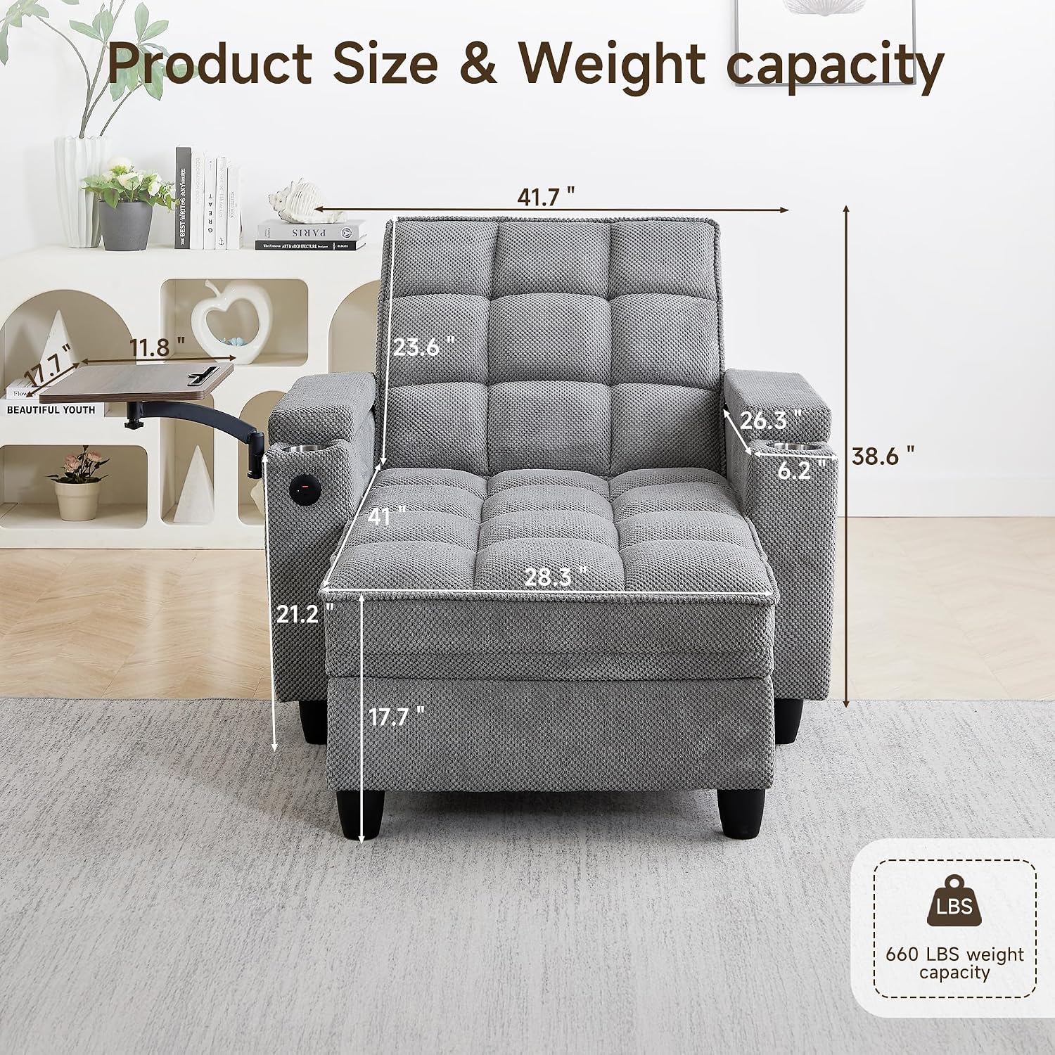 oaaktu Single Modern Comfy Upholstered Chaise Lounge Sofa Chair with Rotating Side Table,Storage,Pillow,USB Charging Ports and Adjustable Backrest Perfect for Living Room, Small Spaces (Light Gray)