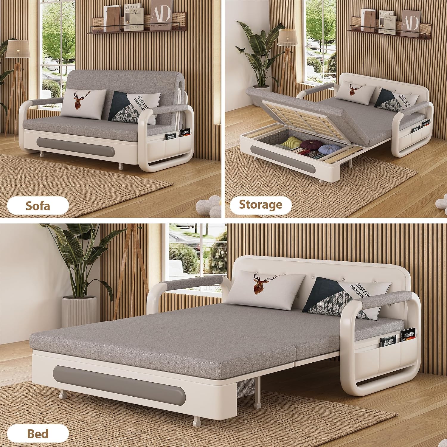 Pull-Out Sofa Daybed with Trundle, Versatile Futon Couch with Sleeping Function and Storage Space, Sofa Bed for Small Rooms and Living Rooms, Dark Grey and White (62.2')