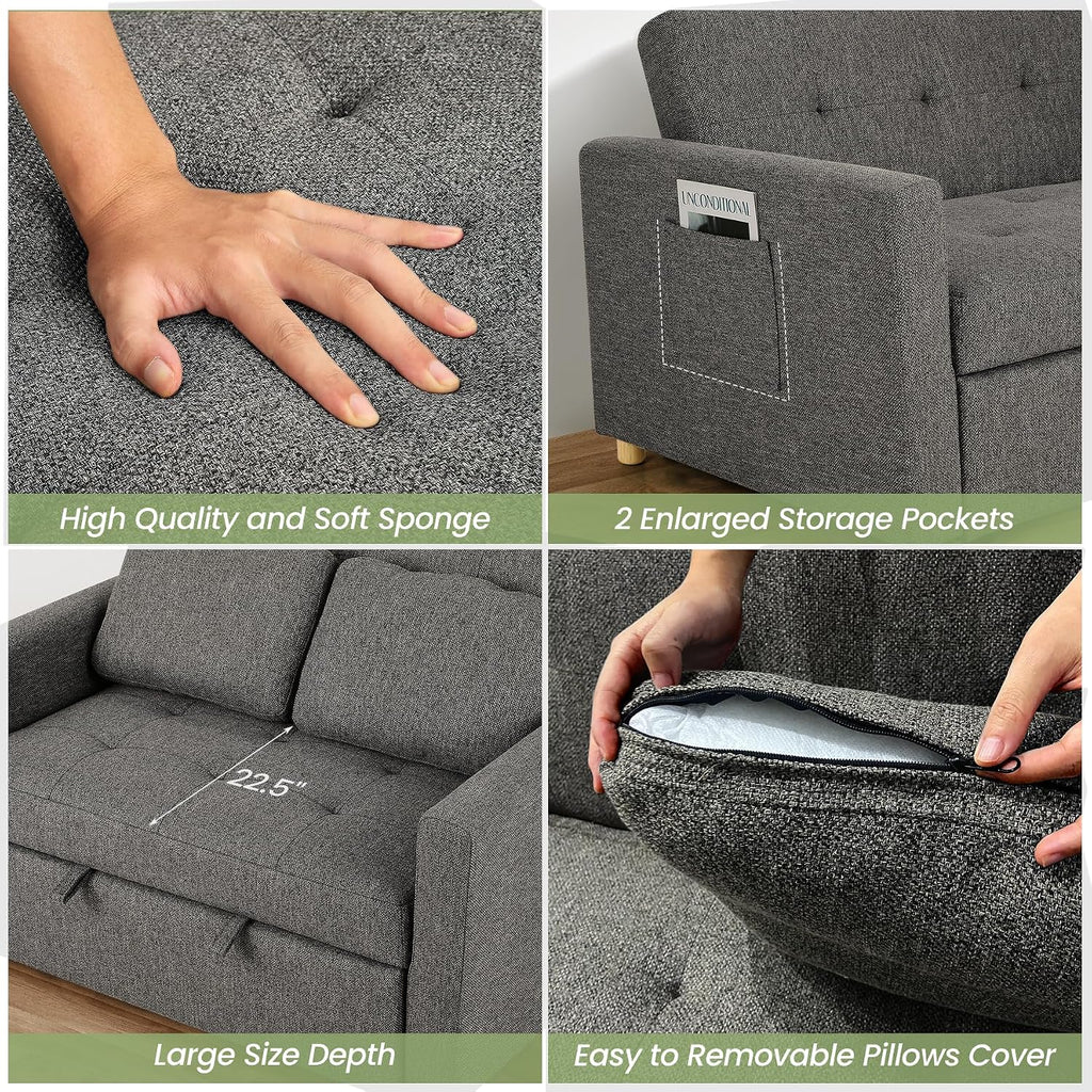 SEJOV Sleeper Sofa Bed, 3-in-1 Convertible Sofa Chair, Linen Fabric Pull Out Couch Bed, Loveseat Sleeper with Spring Support, Adjustable Backrest, 2 Seater Recliner Chair for Small Space, Dark Grey