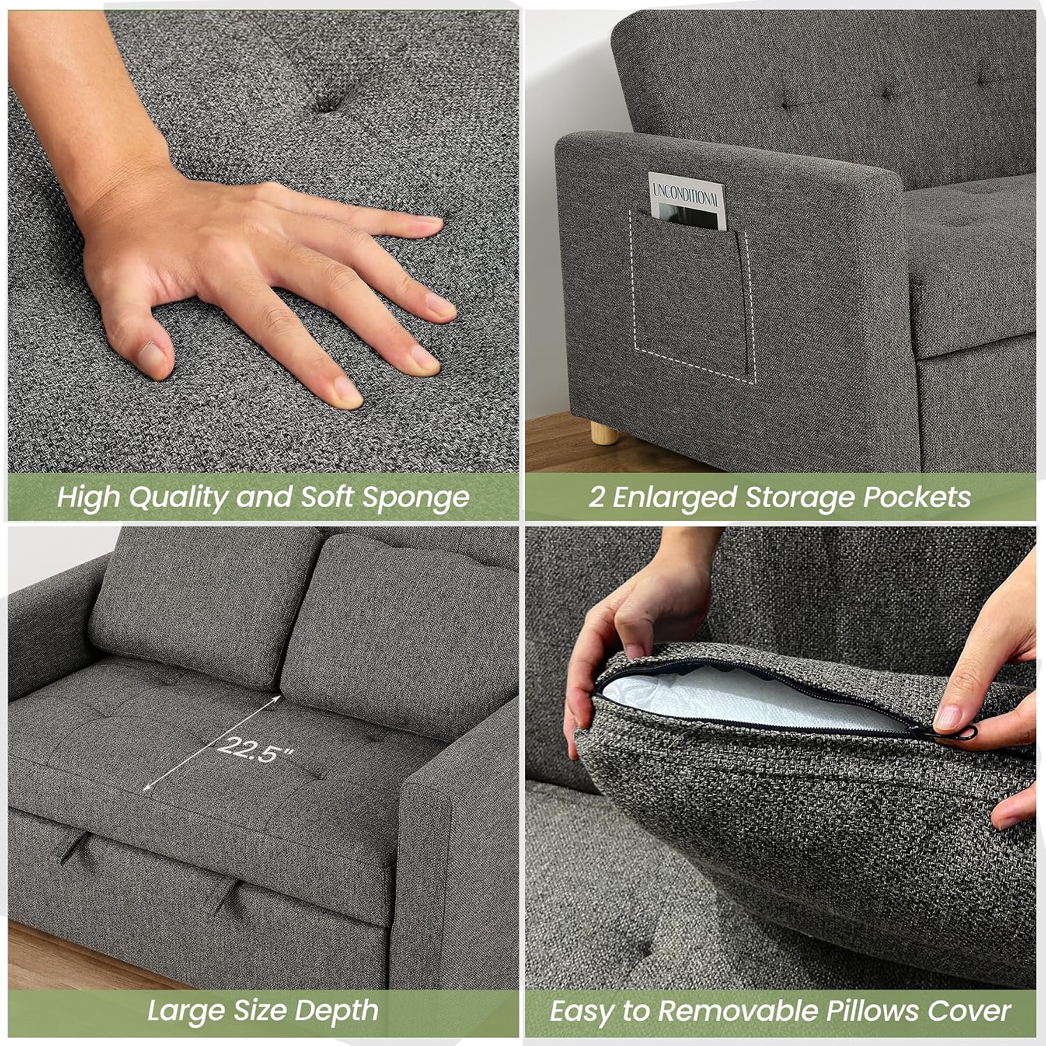 SEJOV Sleeper Sofa Bed, 3-in-1 Convertible Sofa Chair, Linen Fabric Pull Out Couch Bed, Loveseat Sleeper with Spring Support, Adjustable Backrest, 2 Seater Recliner Chair for Small Space, Dark Grey