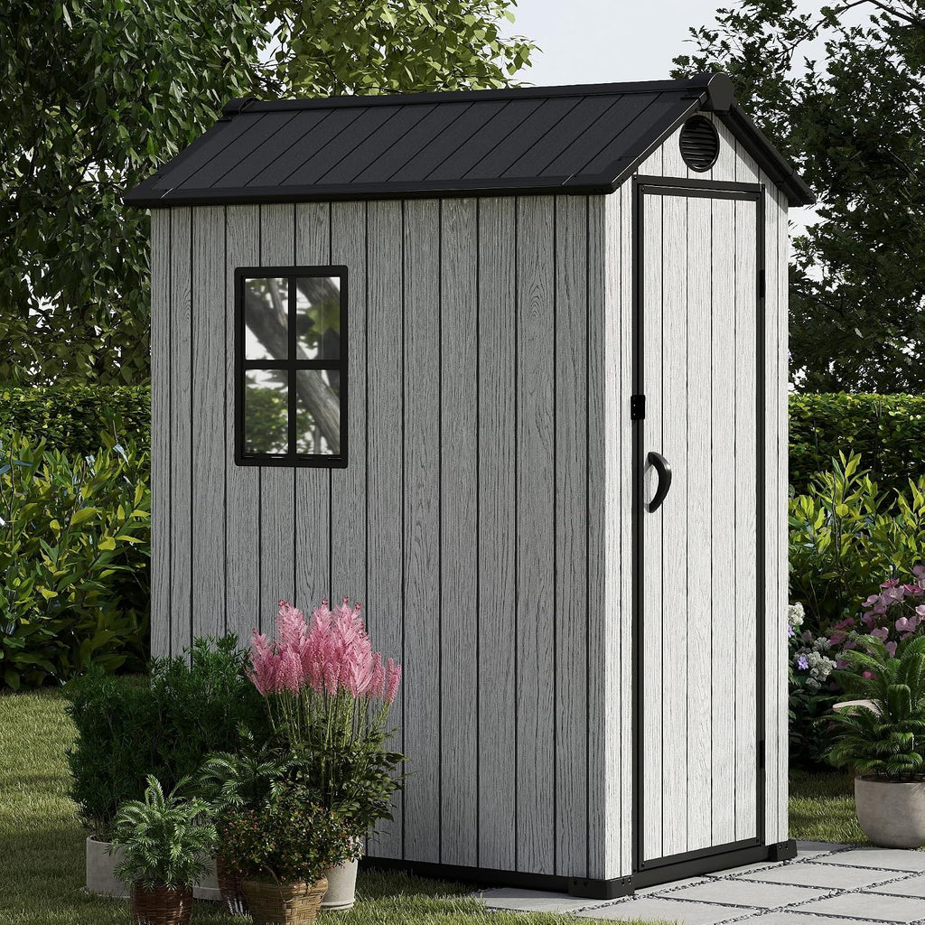 EHHLY Outdoor Storage Shed 3x5 FT, Resin Shed with Floor, Window & Vents, Waterproof Plastic Shed with Lockable Door for Backyard, Patio, Lawn, Gray