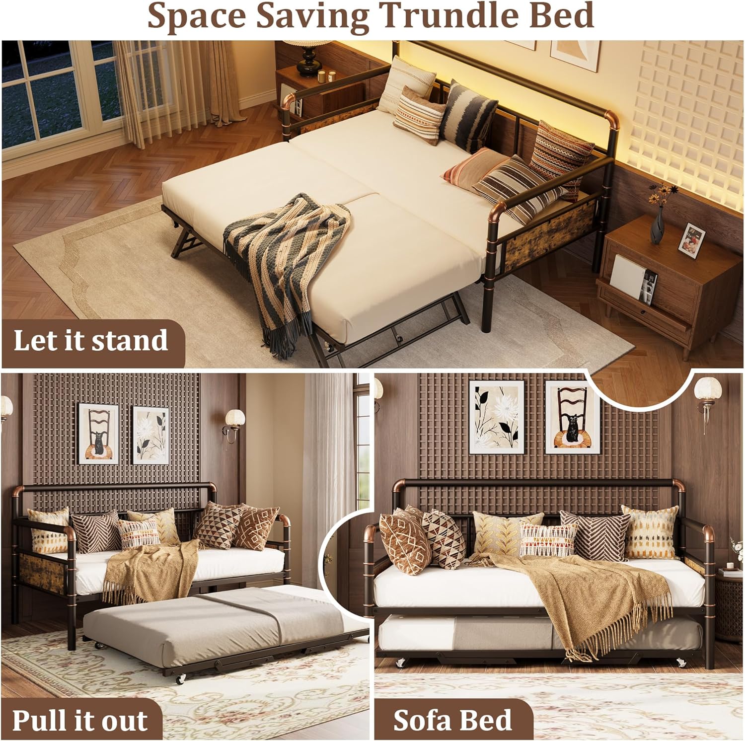 GarveeHome Daybed with Trundle, Twin Daybed with Pop Up Trundle Set, Metal Twin Bed Frame with Steel Slat Support, Sofa BedFrame for Kids/Teens/Adults, Easy Assembly, Brown