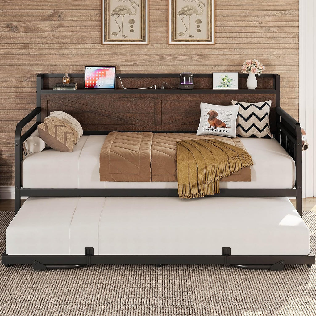 LIKIMIO Twin Daybed, Day Beds with Pop Up Trundle, Storage Headboard with Charging Station, Strong Supports for Apartment and Other Small Space, Dark Brown