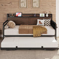 LIKIMIO Twin Daybed, Day Beds with Pop Up Trundle, Storage Headboard with Charging Station, Strong Supports for Apartment and Other Small Space, Dark Brown