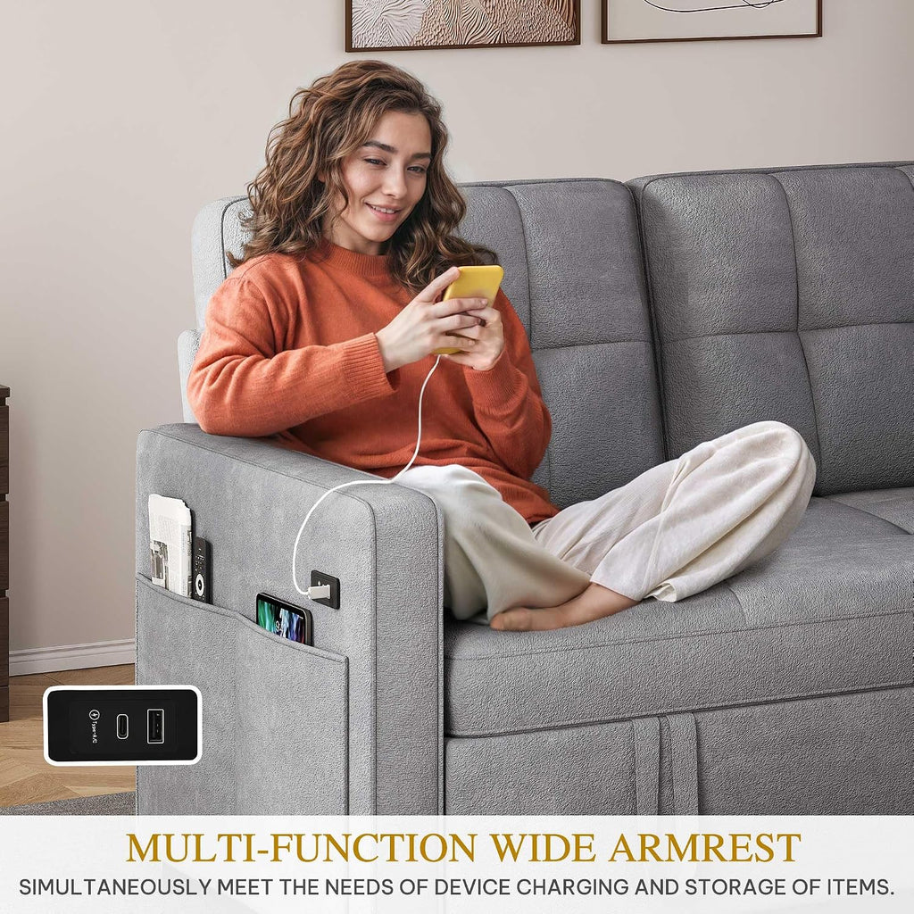 YITAHOME 55' Convertible Sofa Bed, 3-in-1 Sleeper Sofa with Pull-Out Bed, Cat-Scratch-Proof Futon Couch with 5-Levels Reclining Backrest, USB and Side Pocket, Modern Loveseat for Living Room, Grey